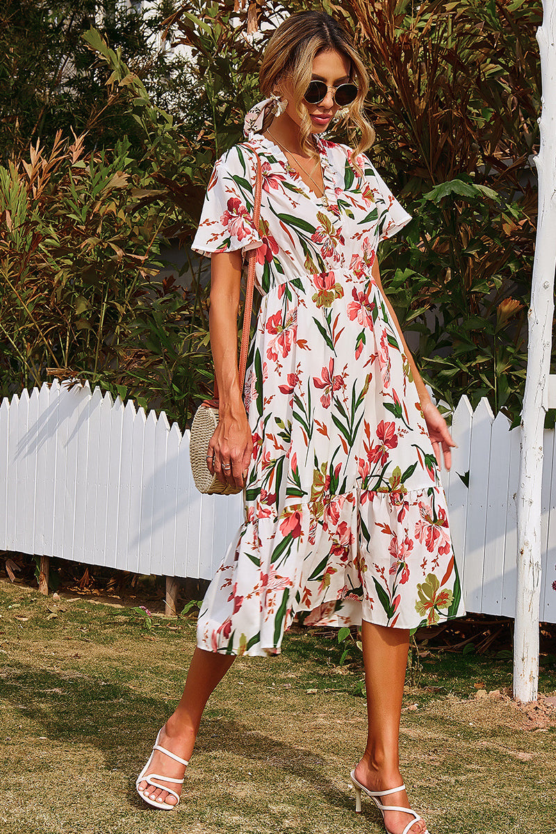 Floral Asymmetrical Ruffle Hem Dress