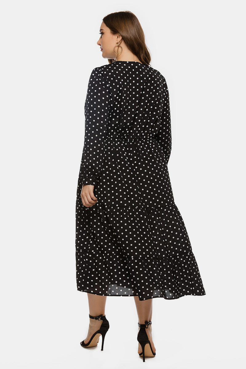 Plus Polka Dot V Neck Ruffle Hem Dress