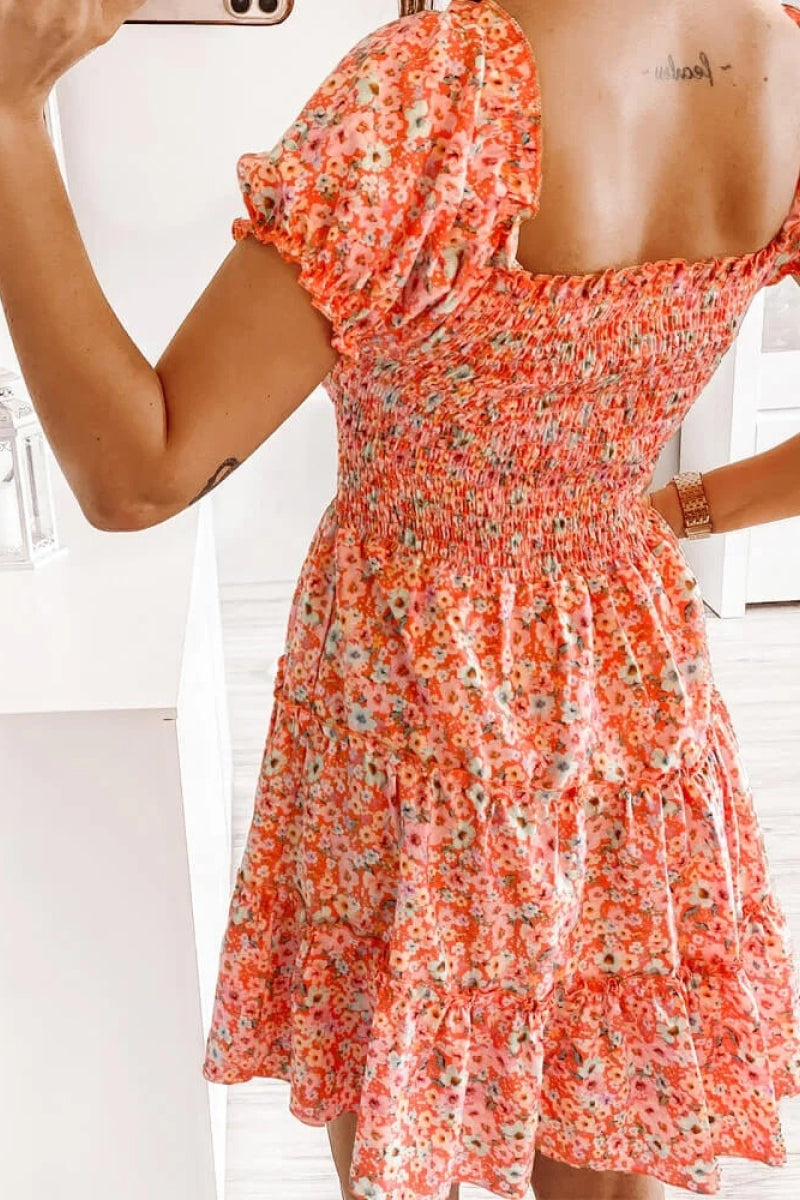 Square Neck Shirred Ruffle Hem Mini Dress