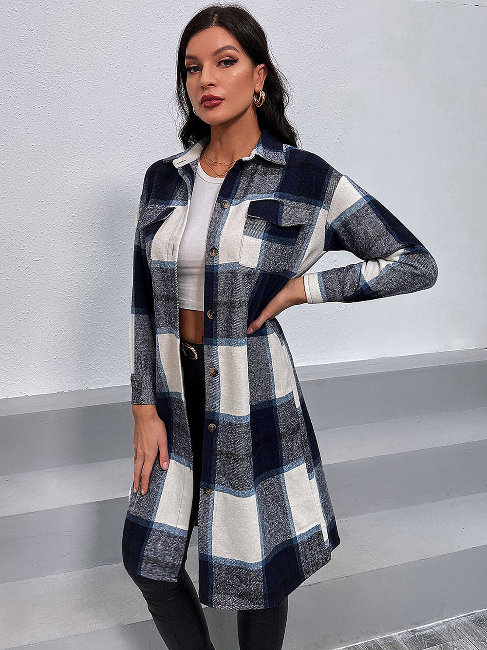 Plaid Button Down Collared Neck Shirt Jacket