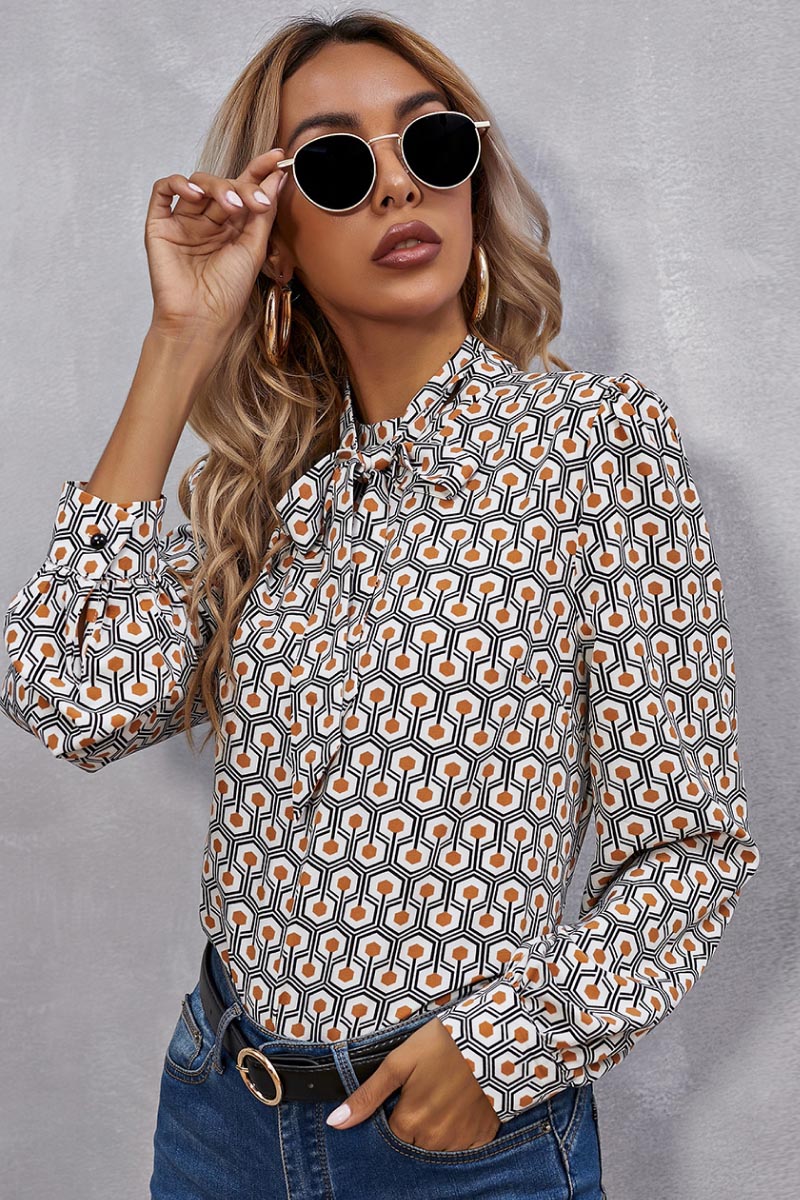 Floral Bow Tie Neck Ruffle Shirt