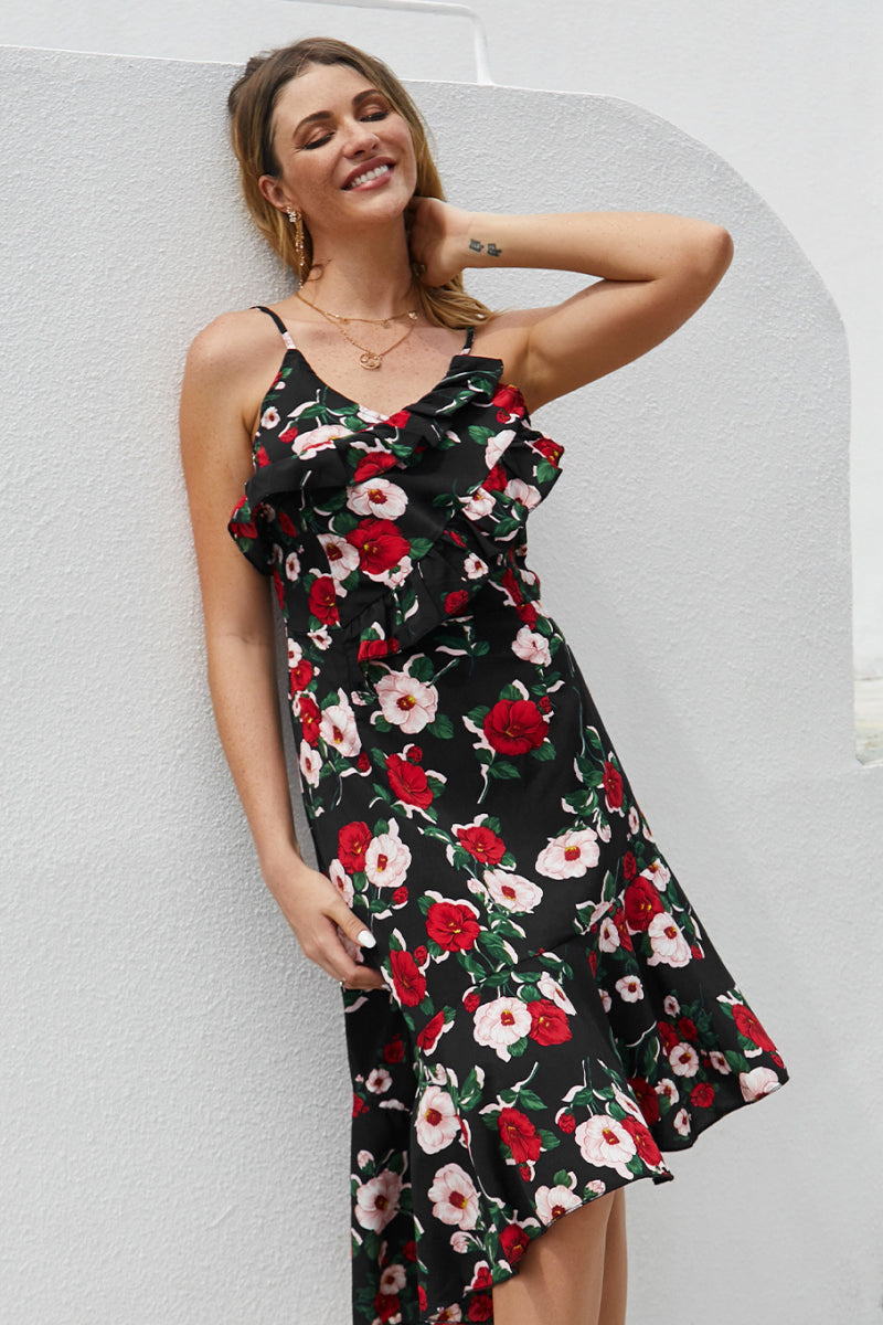 Ruffled Floral Asymmetrical Hem Dress