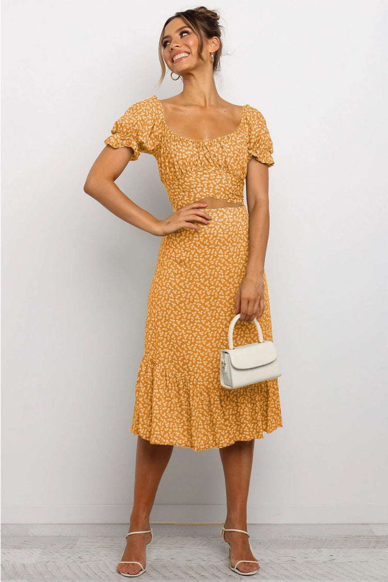 Puff Sleeve Ditsy Floral Crop Top & Ruffle Hem Skirt Set