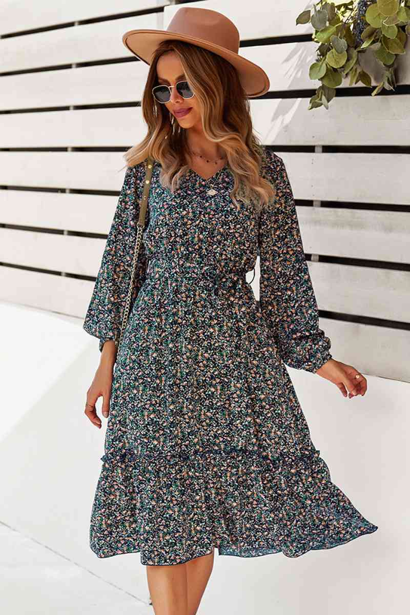 Floral V Neck Ruffle Swing Dress