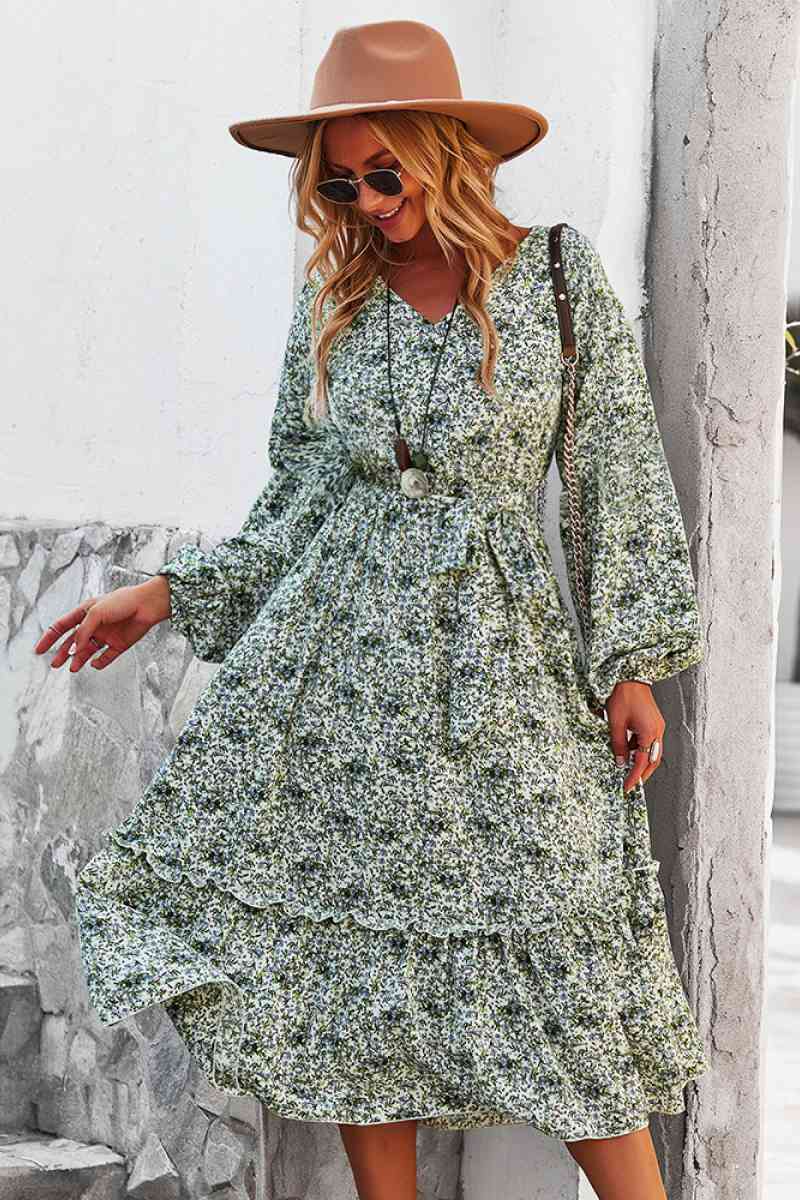 Floral V Neck Ruffle Swing Dress