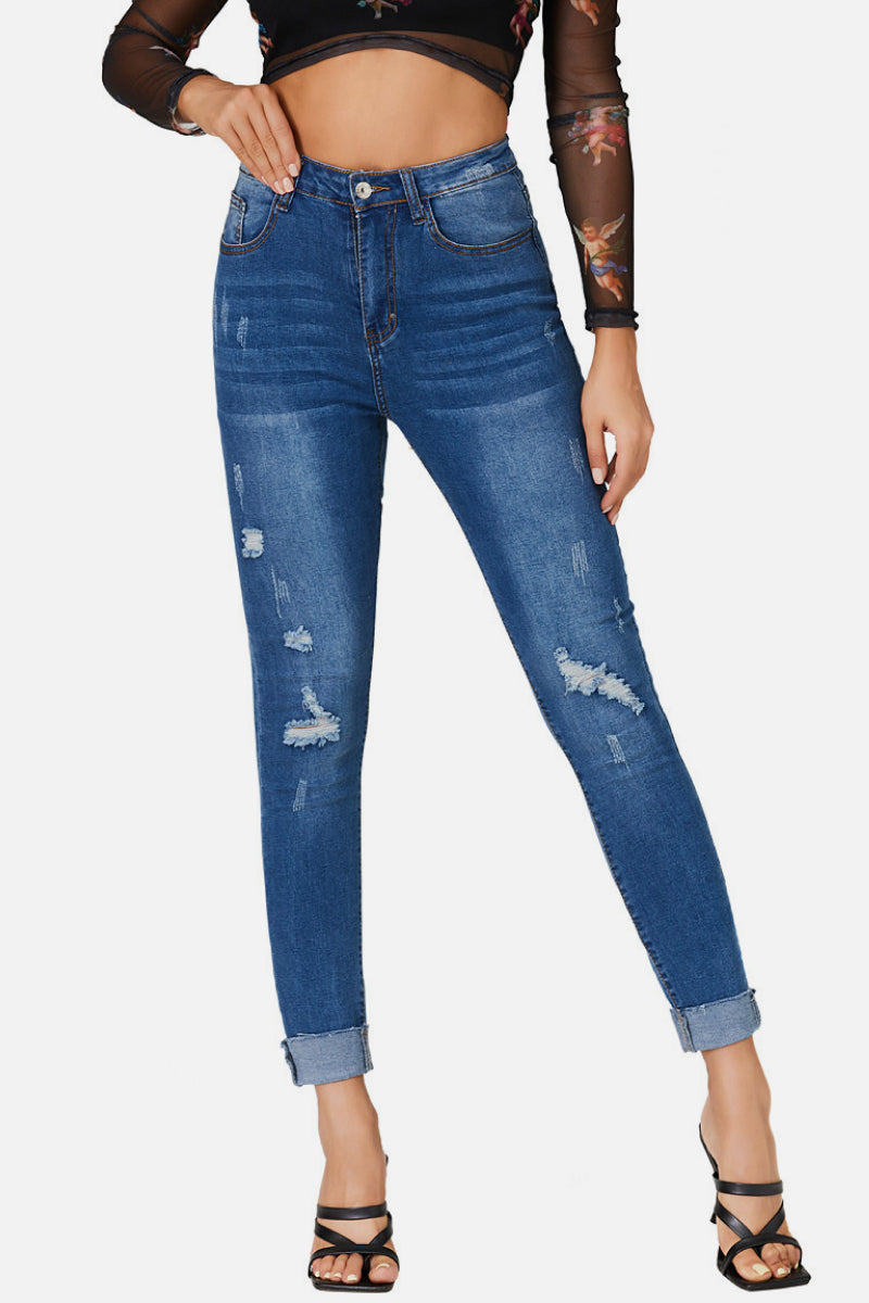 Distressed Roll Up Skinny Jeans
