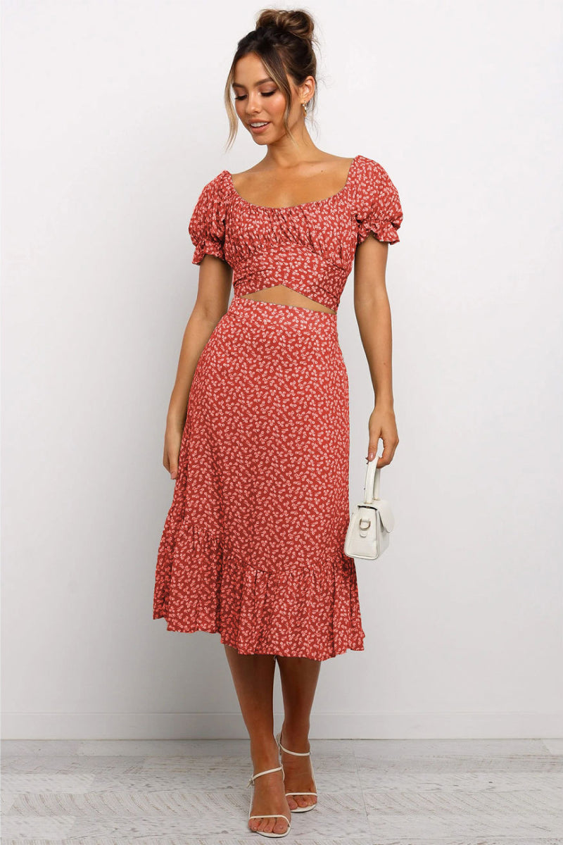 Puff Sleeve Ditsy Floral Crop Top & Ruffle Hem Skirt Set