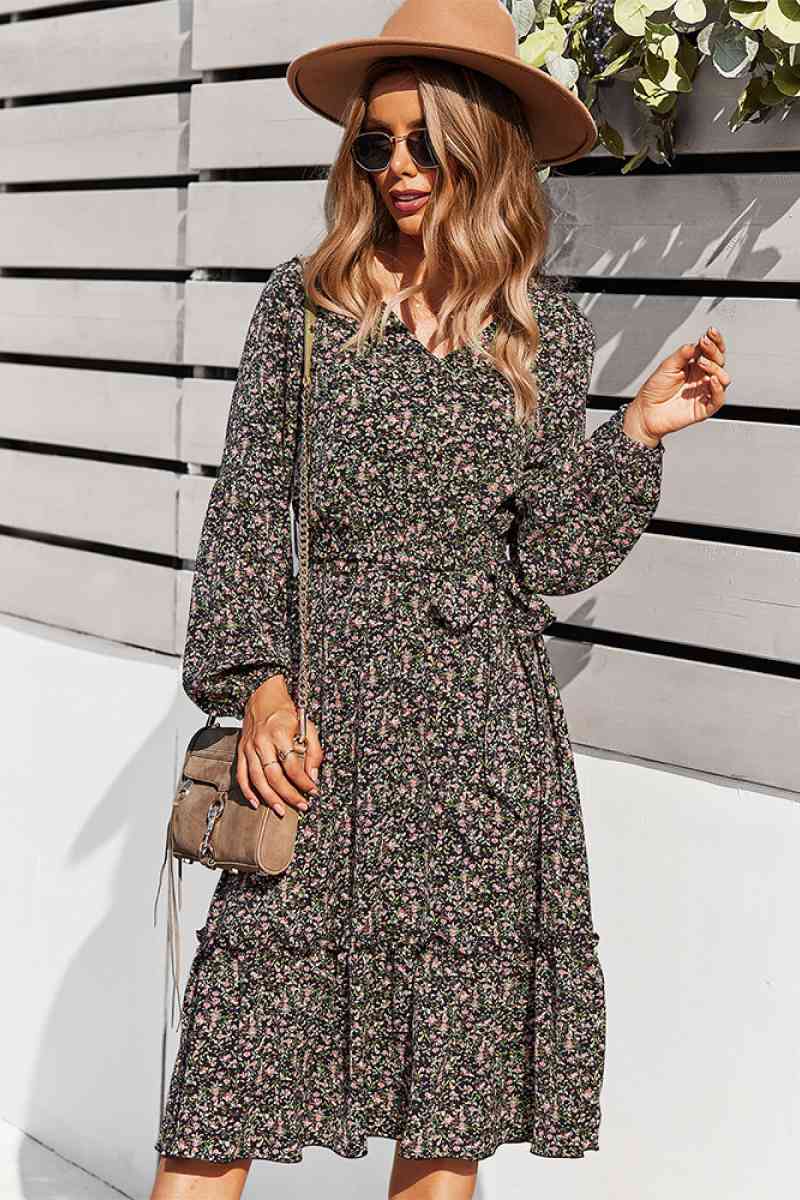 Floral V Neck Ruffle Swing Dress
