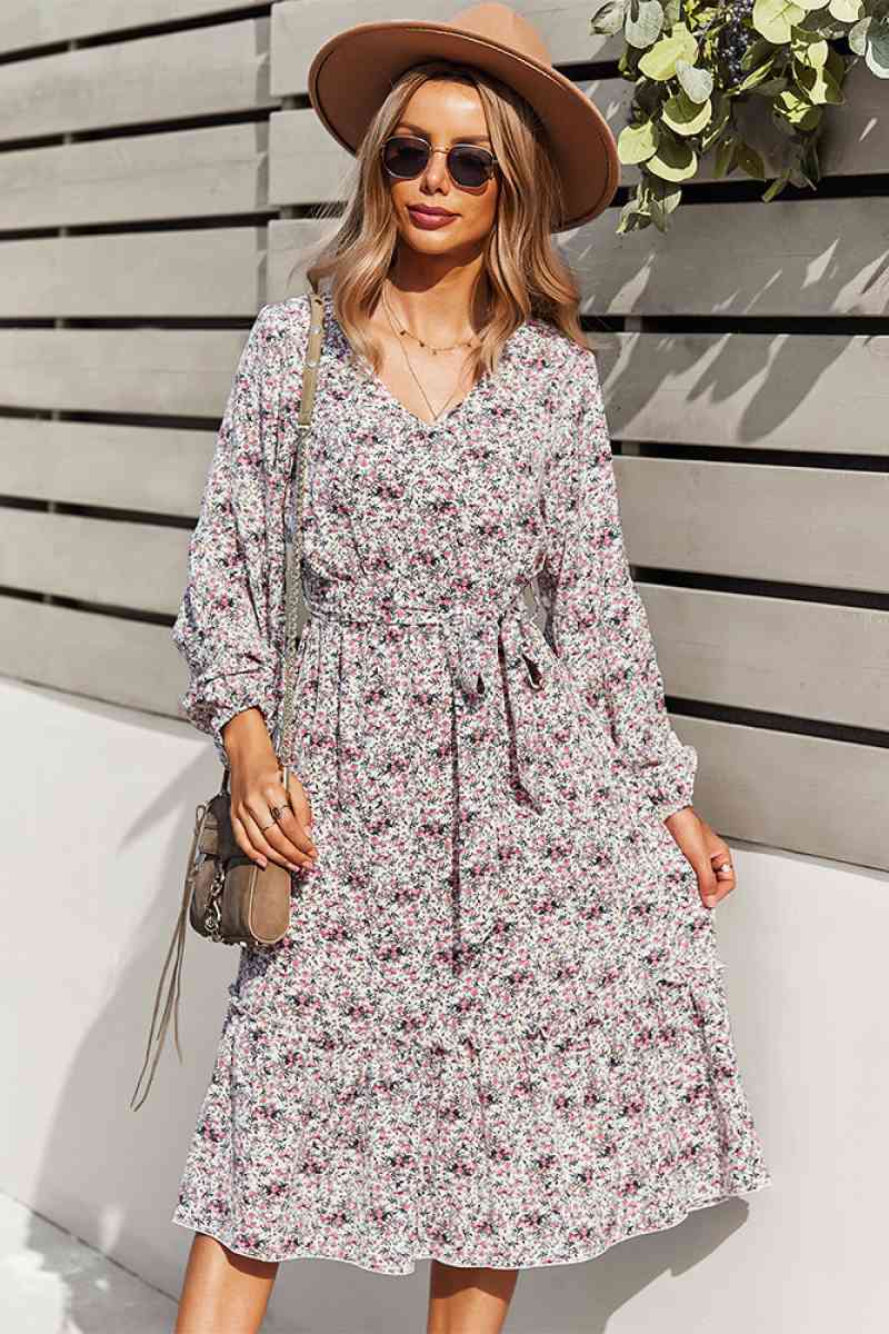 Floral V Neck Ruffle Swing Dress