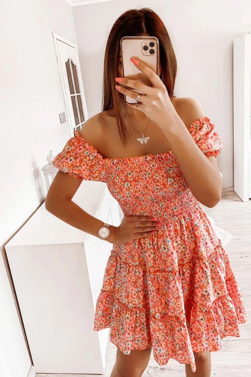 Square Neck Shirred Ruffle Hem Mini Dress