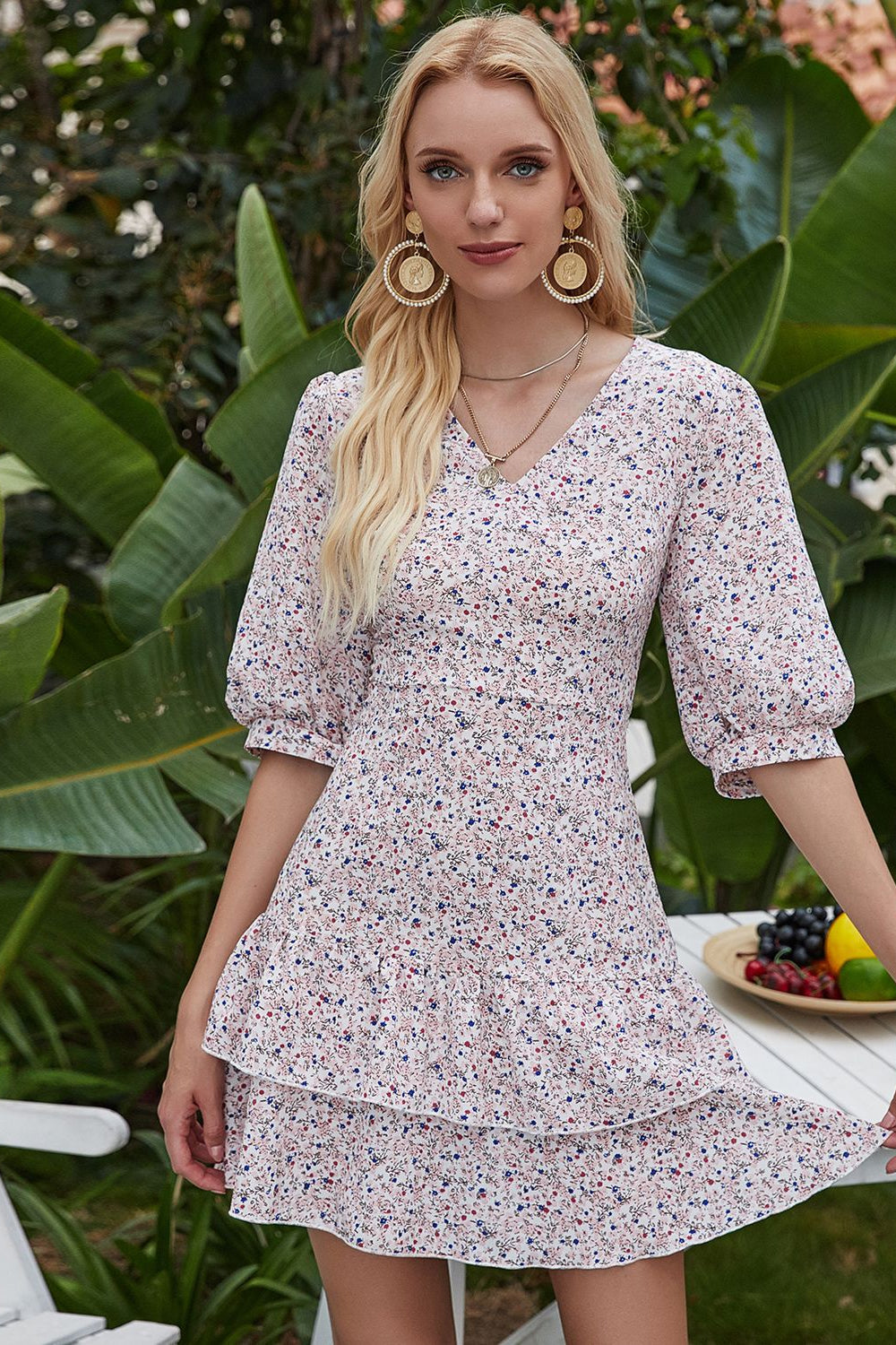 Floral V Neck Backless Ruffle Mini Dress