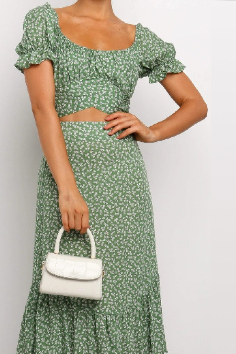 Puff Sleeve Ditsy Floral Crop Top & Ruffle Hem Skirt Set