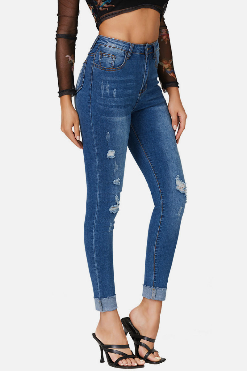 Distressed Roll Up Skinny Jeans
