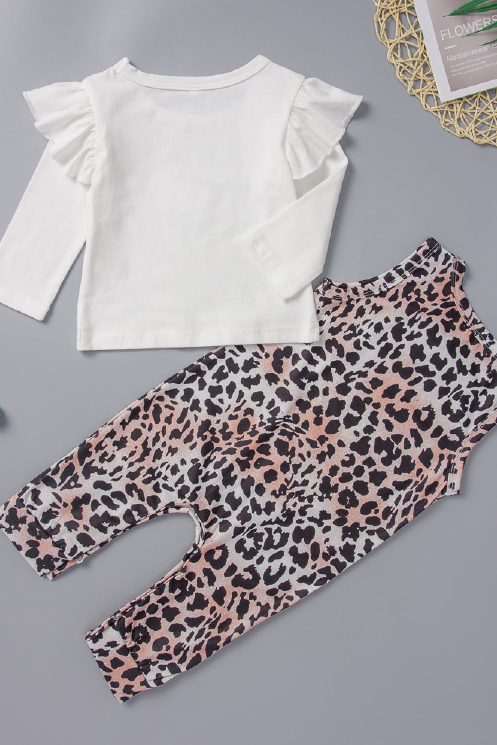 Baby Ruffle Sleeve T-Shirt and Leopard Jumpsuit Set