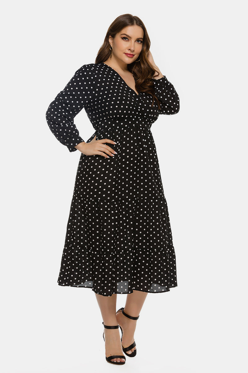 Plus Polka Dot V Neck Ruffle Hem Dress