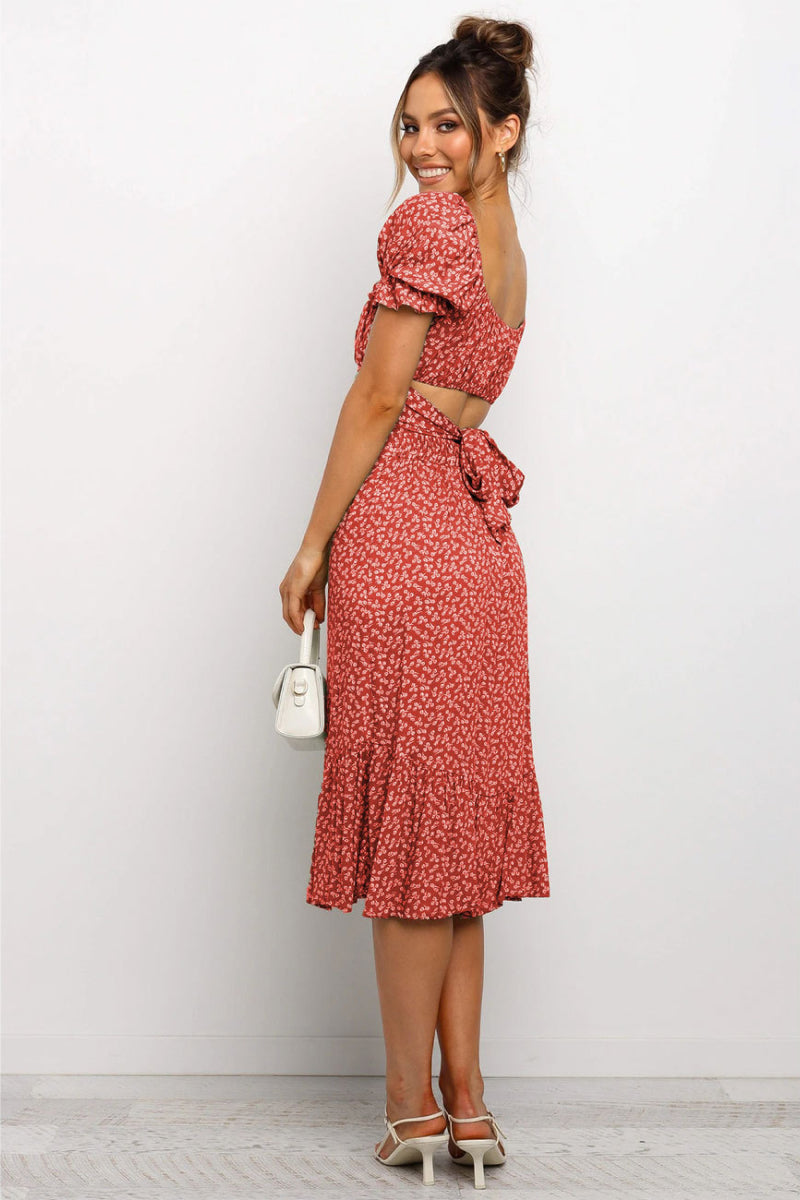 Puff Sleeve Ditsy Floral Crop Top & Ruffle Hem Skirt Set
