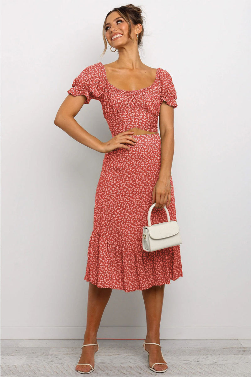 Puff Sleeve Ditsy Floral Crop Top & Ruffle Hem Skirt Set