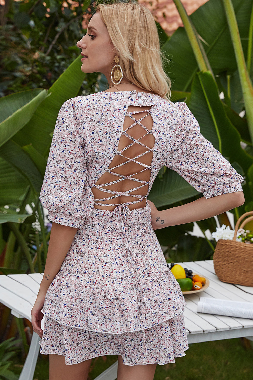Floral V Neck Backless Ruffle Mini Dress