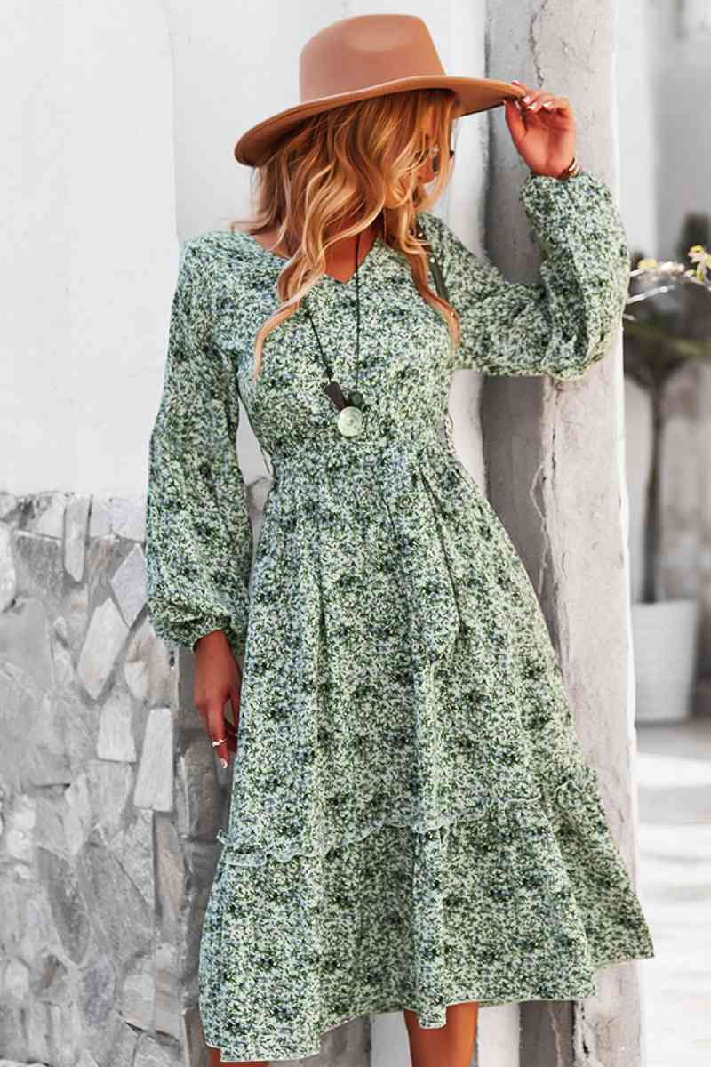 Floral V Neck Ruffle Swing Dress