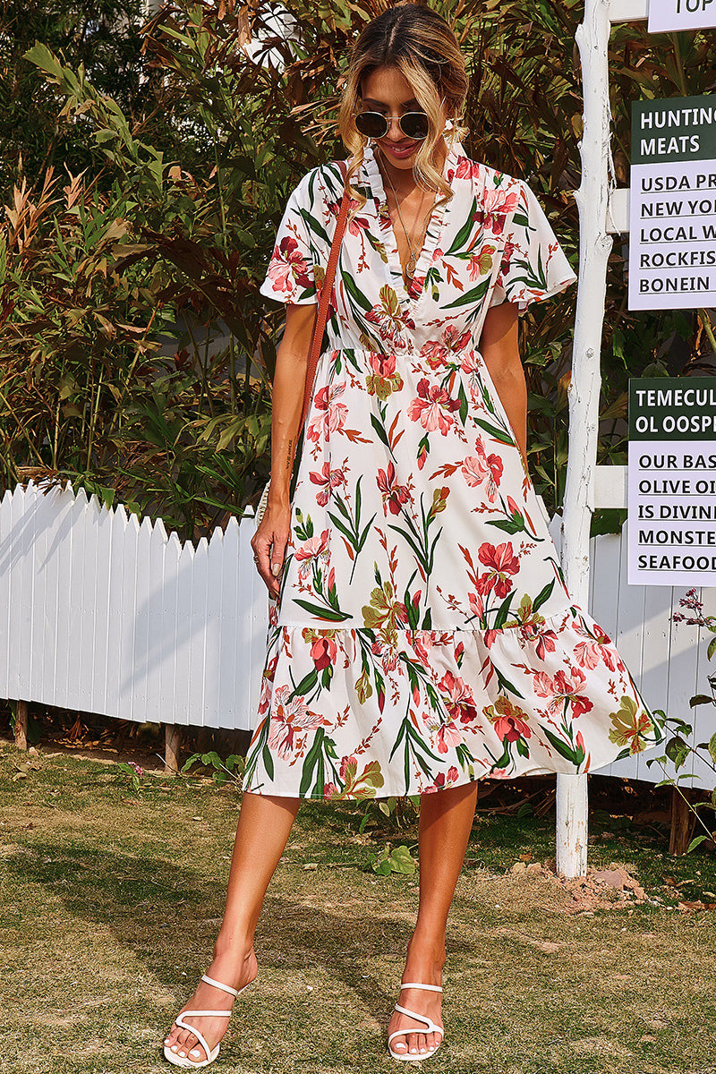 Floral Asymmetrical Ruffle Hem Dress