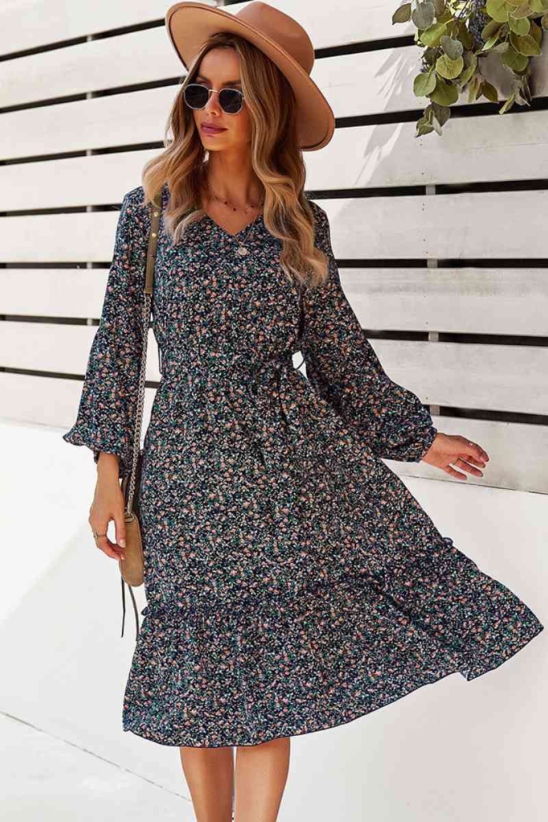 Floral V Neck Ruffle Swing Dress