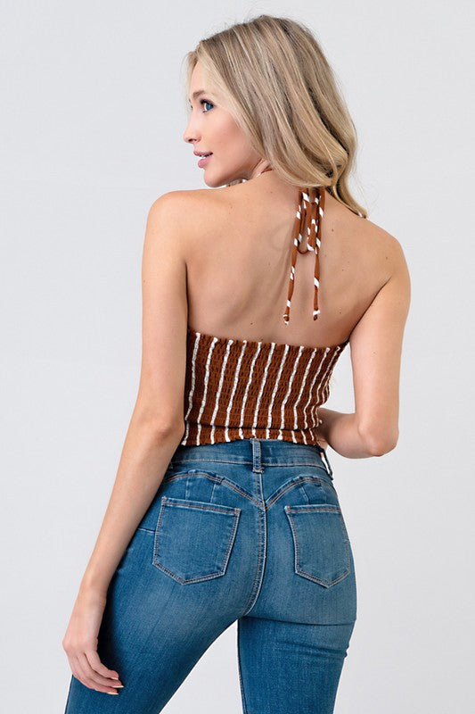Smocking Waist Band Stripe Halter Neck Top