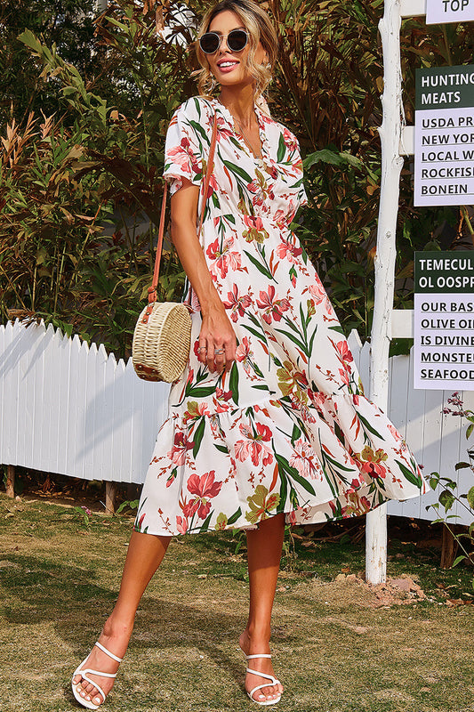Floral Asymmetrical Ruffle Hem Dress
