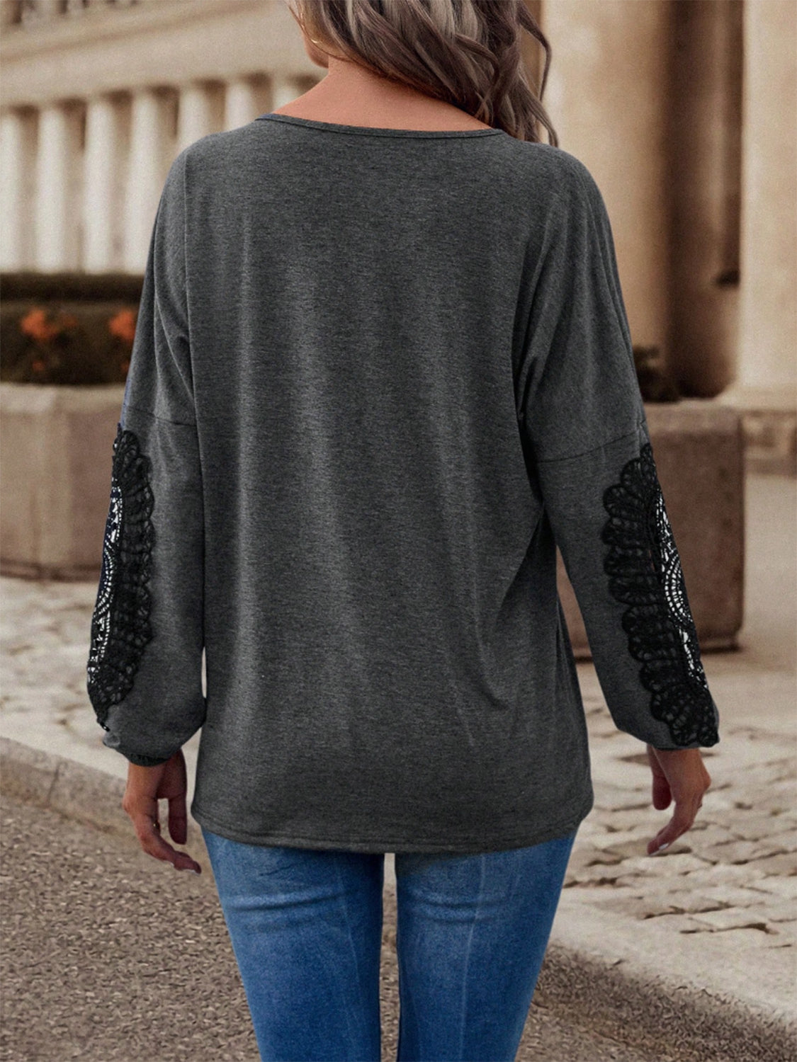 Crisscross V-Neck Lace Detail T-Shirt