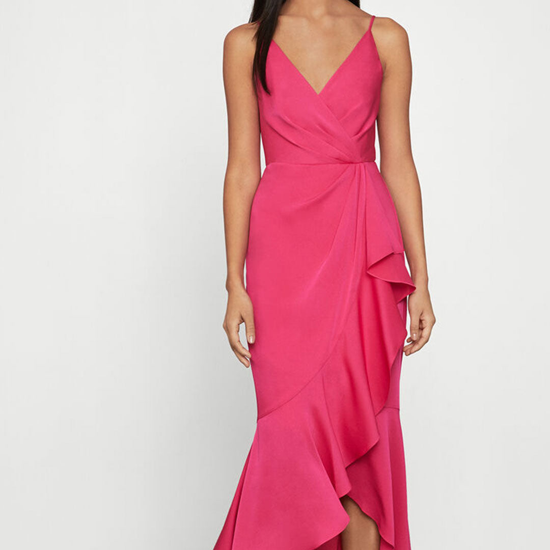 BCBGMAXAZRIA Faux Wrap Ruched Ruffle Dress