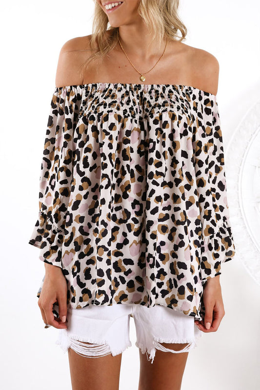 Leopard Off Shoulder Flared Sleeve Top