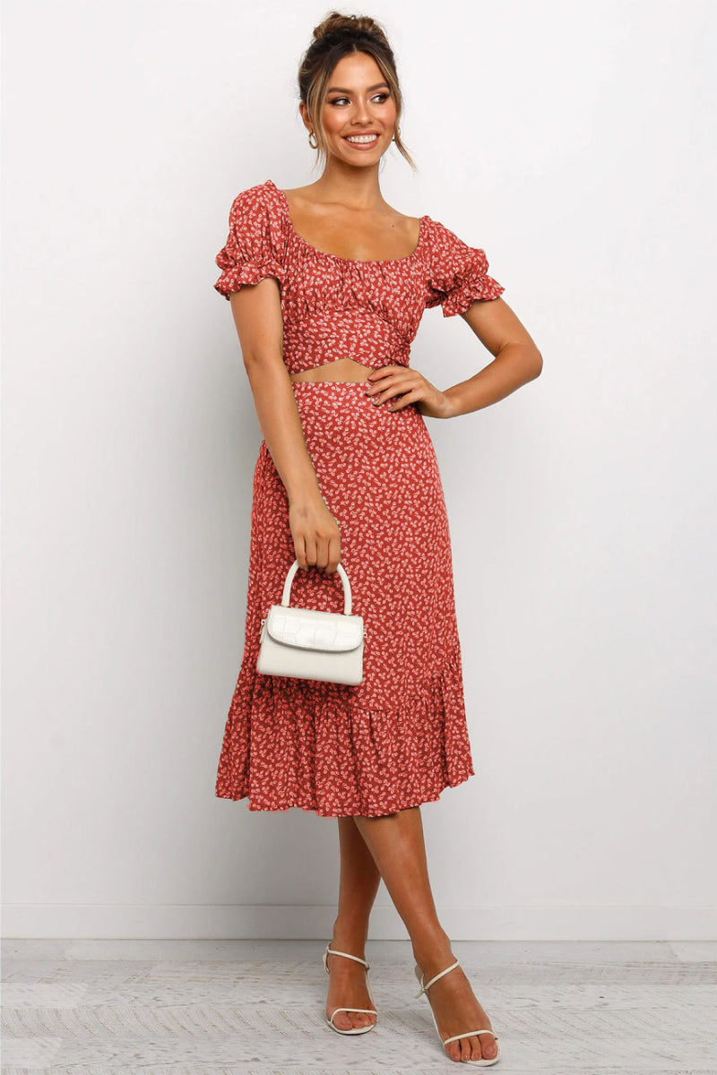 Puff Sleeve Ditsy Floral Crop Top & Ruffle Hem Skirt Set