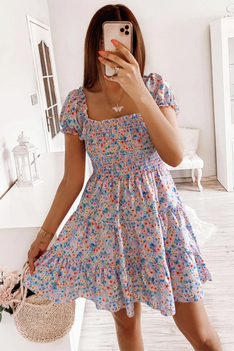 Square Neck Shirred Ruffle Hem Mini Dress