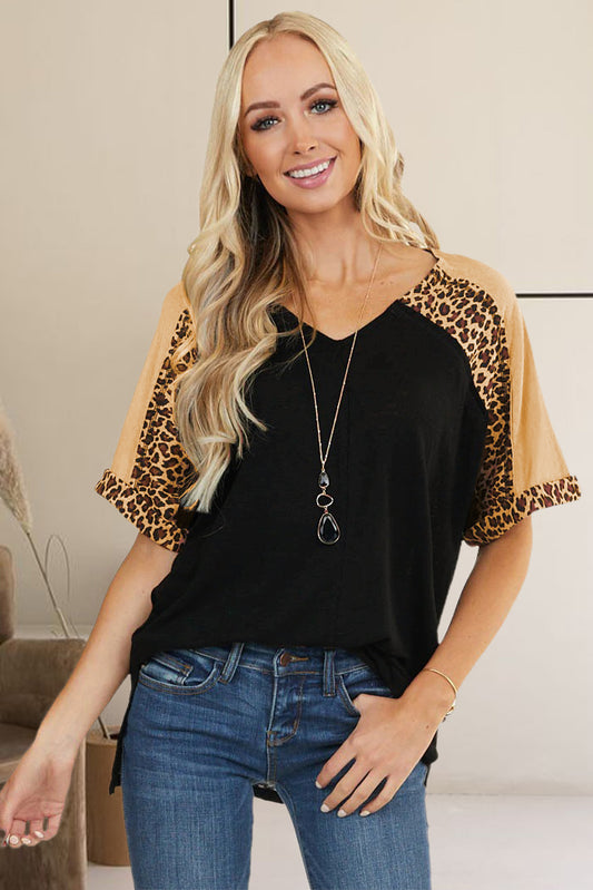 Leopard Print Color Block Sleeves Tunic Top