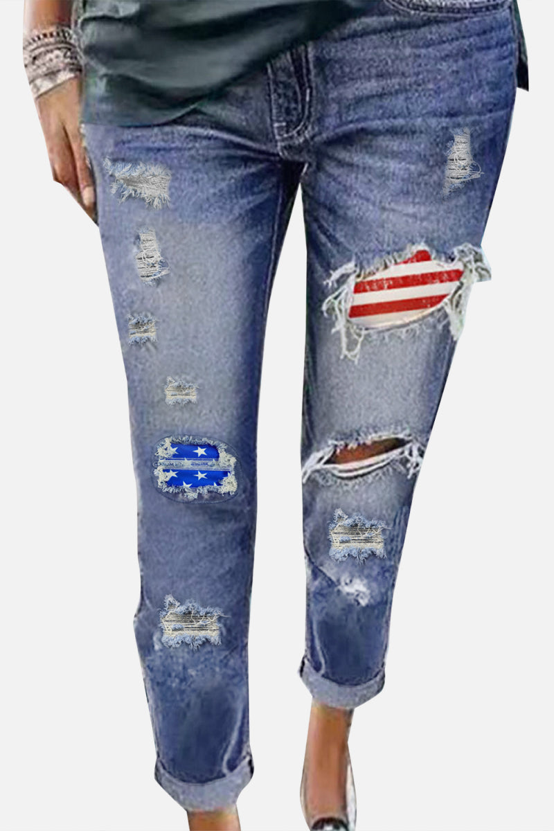 Stripes and Stars Patches Ripped Jeans