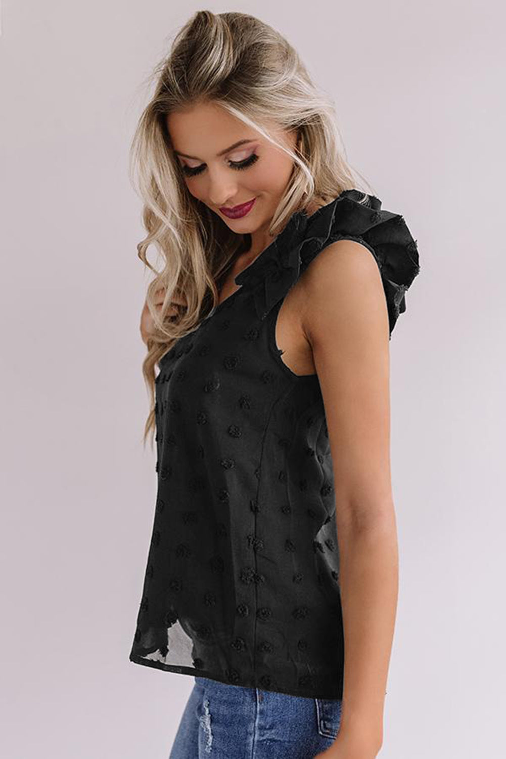 Swiss Dot Top With Ruffled Straps