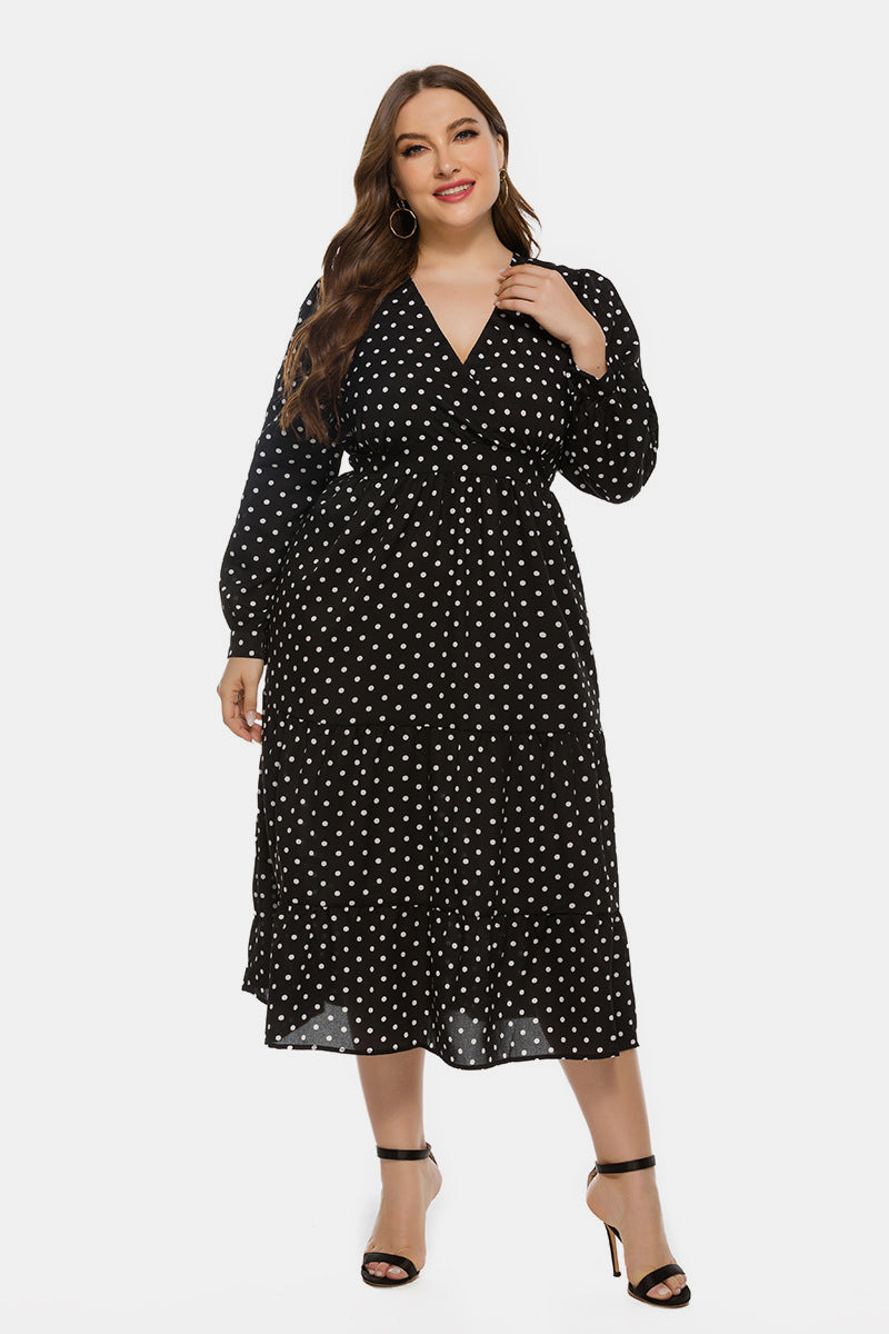 Plus Polka Dot V Neck Ruffle Hem Dress