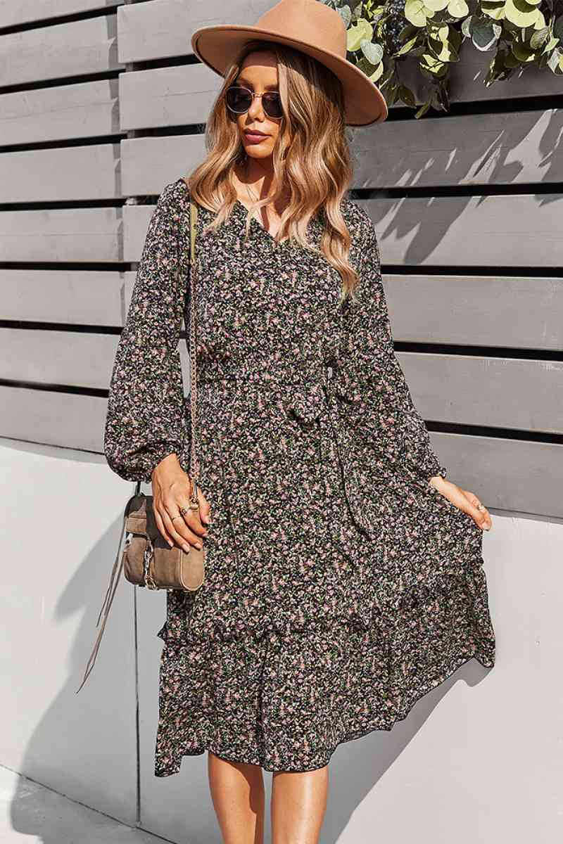 Floral V Neck Ruffle Swing Dress