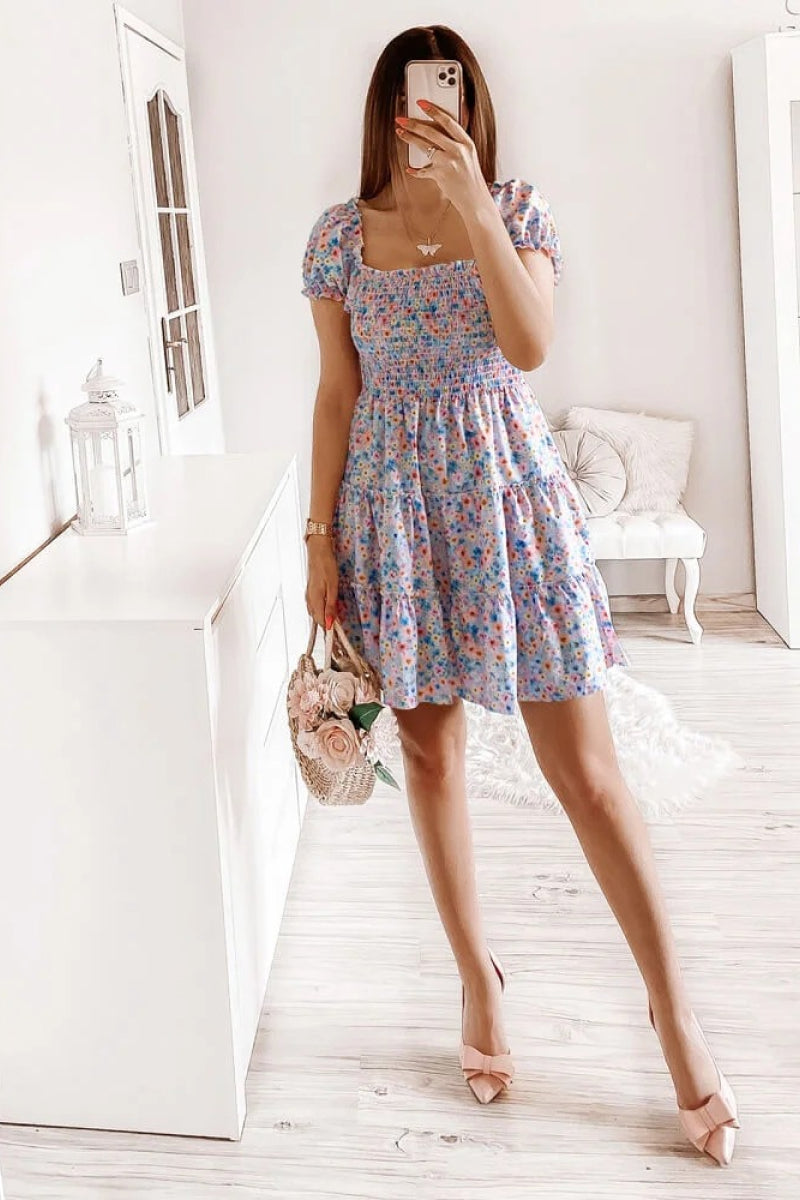 Square Neck Shirred Ruffle Hem Mini Dress