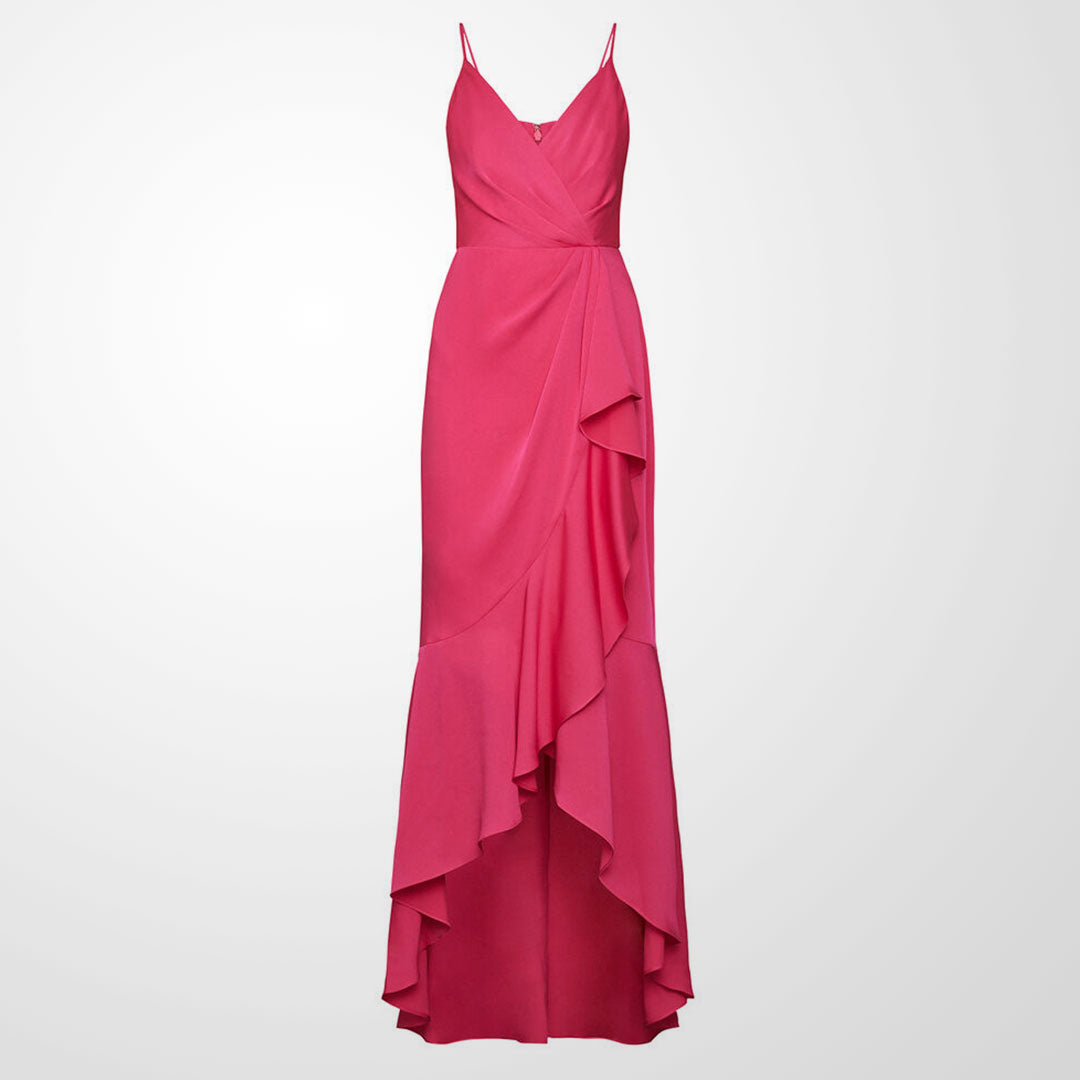 BCBGMAXAZRIA Faux Wrap Ruched Ruffle Dress