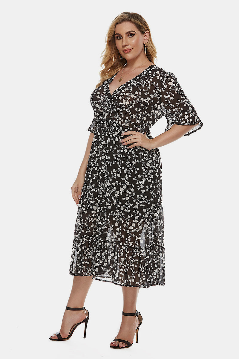 Floral Ruffle-Neck Flutter-Sleeve Wrap Dress