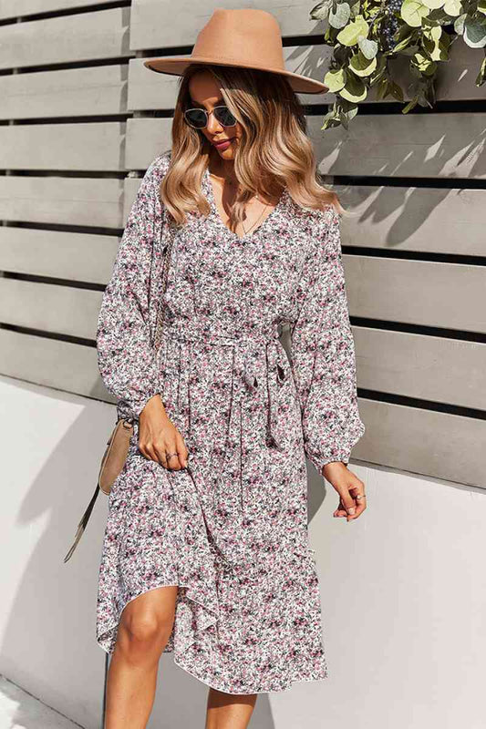 Floral V Neck Ruffle Swing Dress