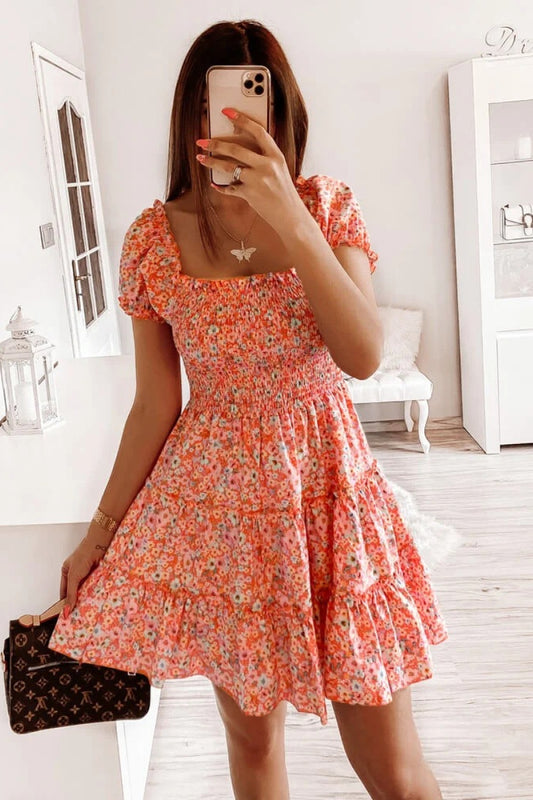 Square Neck Shirred Ruffle Hem Mini Dress