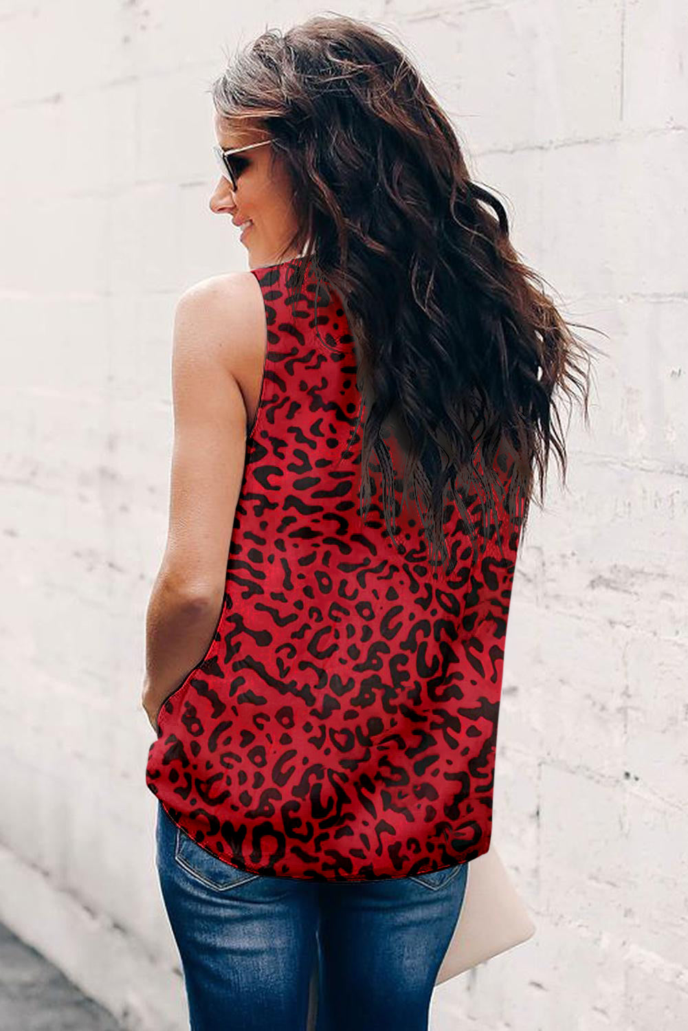 Leopard Print Ruffled Neck Tank Top