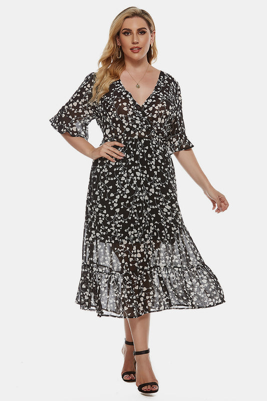 Floral Ruffle-Neck Flutter-Sleeve Wrap Dress