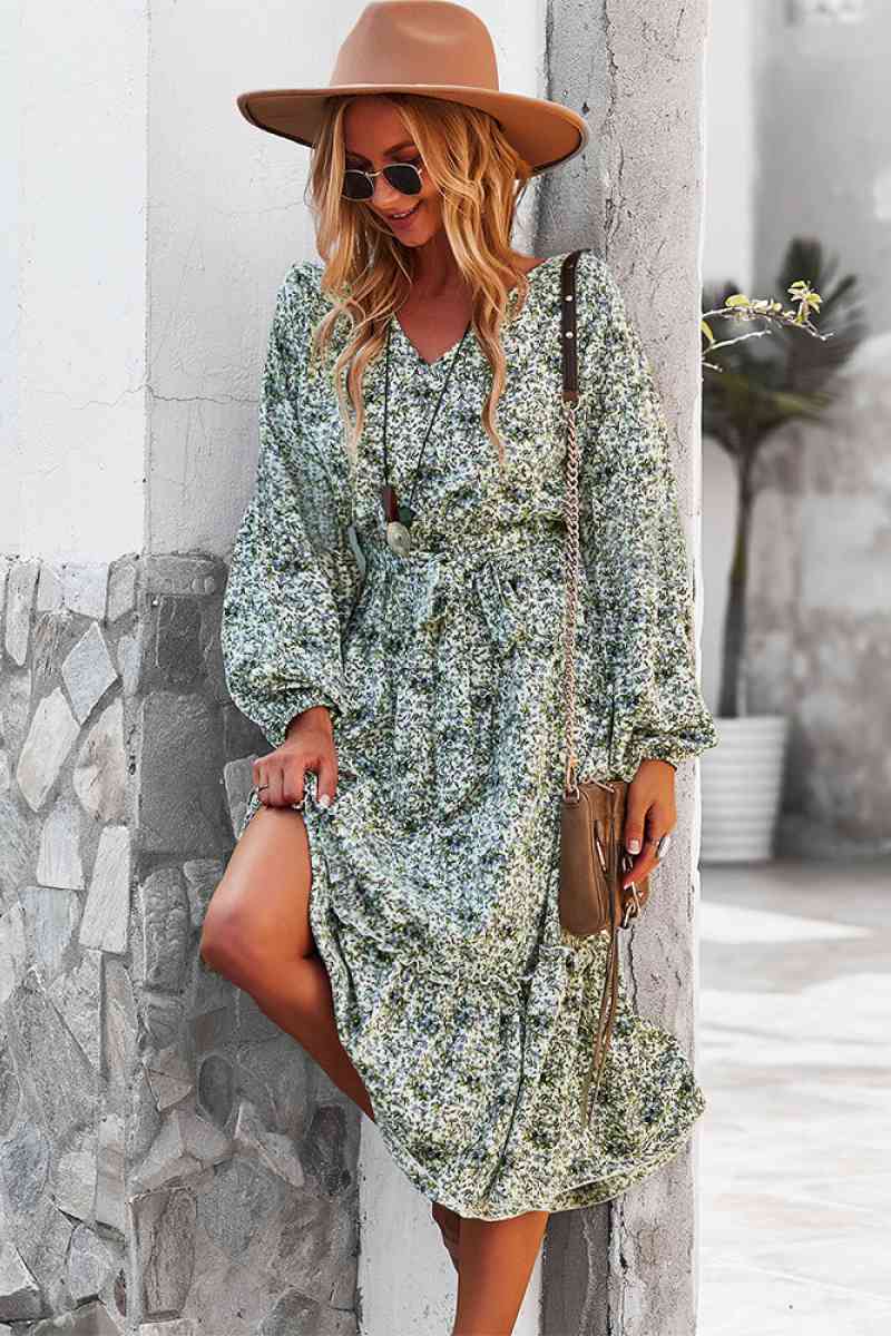 Floral V Neck Ruffle Swing Dress