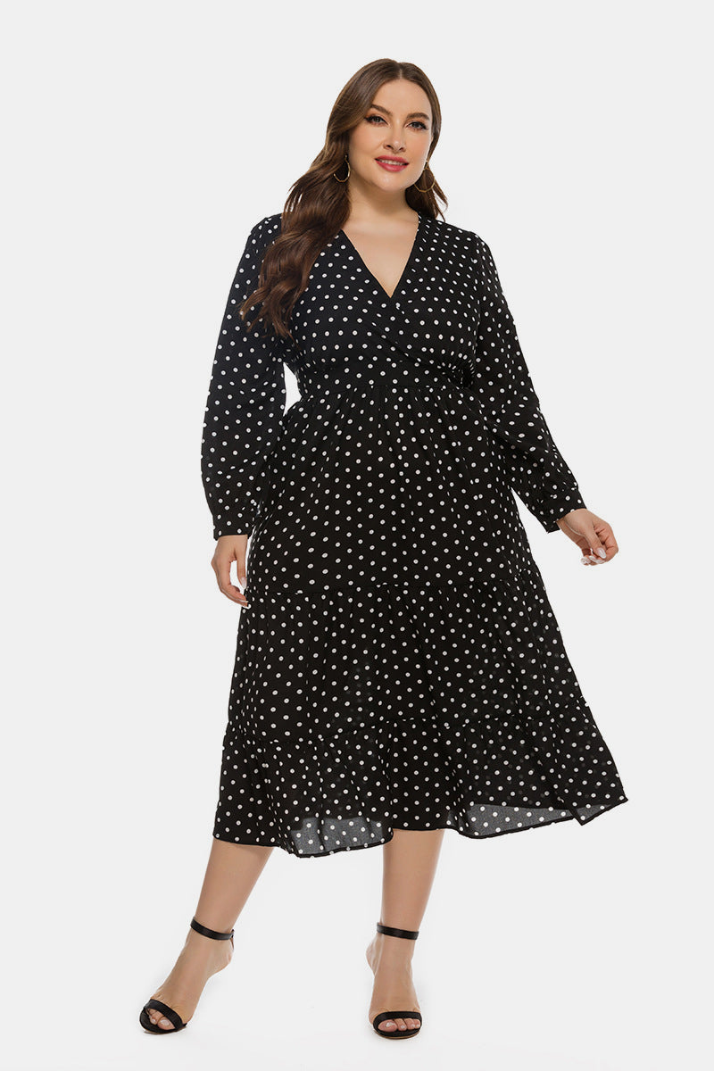Plus Polka Dot V Neck Ruffle Hem Dress