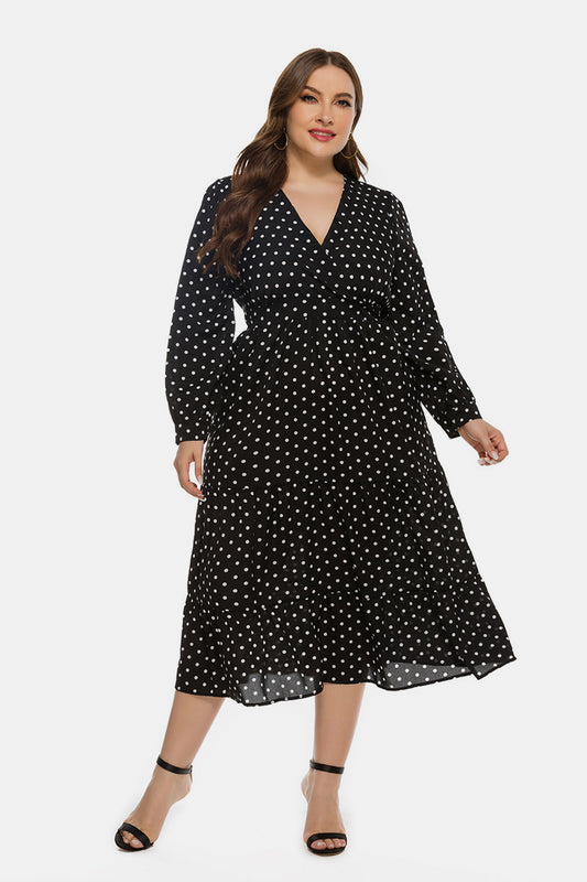 Plus Polka Dot V Neck Ruffle Hem Dress