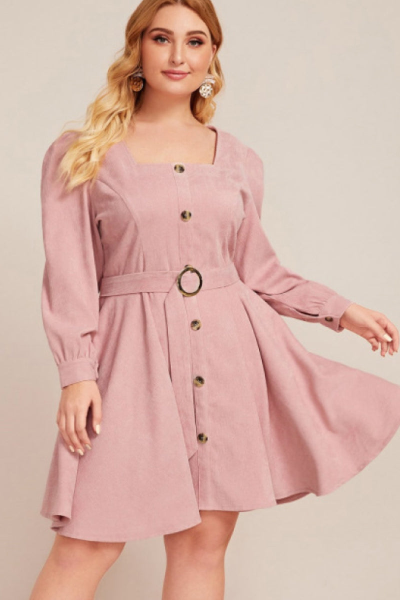 Square Neck Long Sleeve Button up A Line Dress