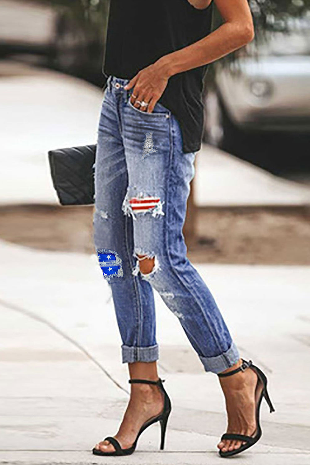 Stripes and Stars Patches Ripped Jeans