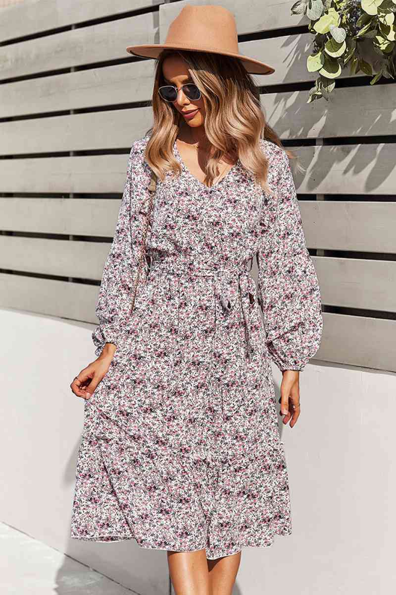 Floral V Neck Ruffle Swing Dress